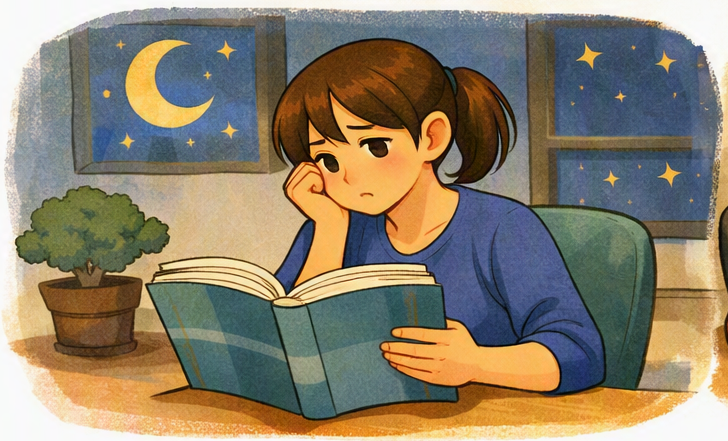 夜に机で参考書を読みながら勉強する学生のイラスト