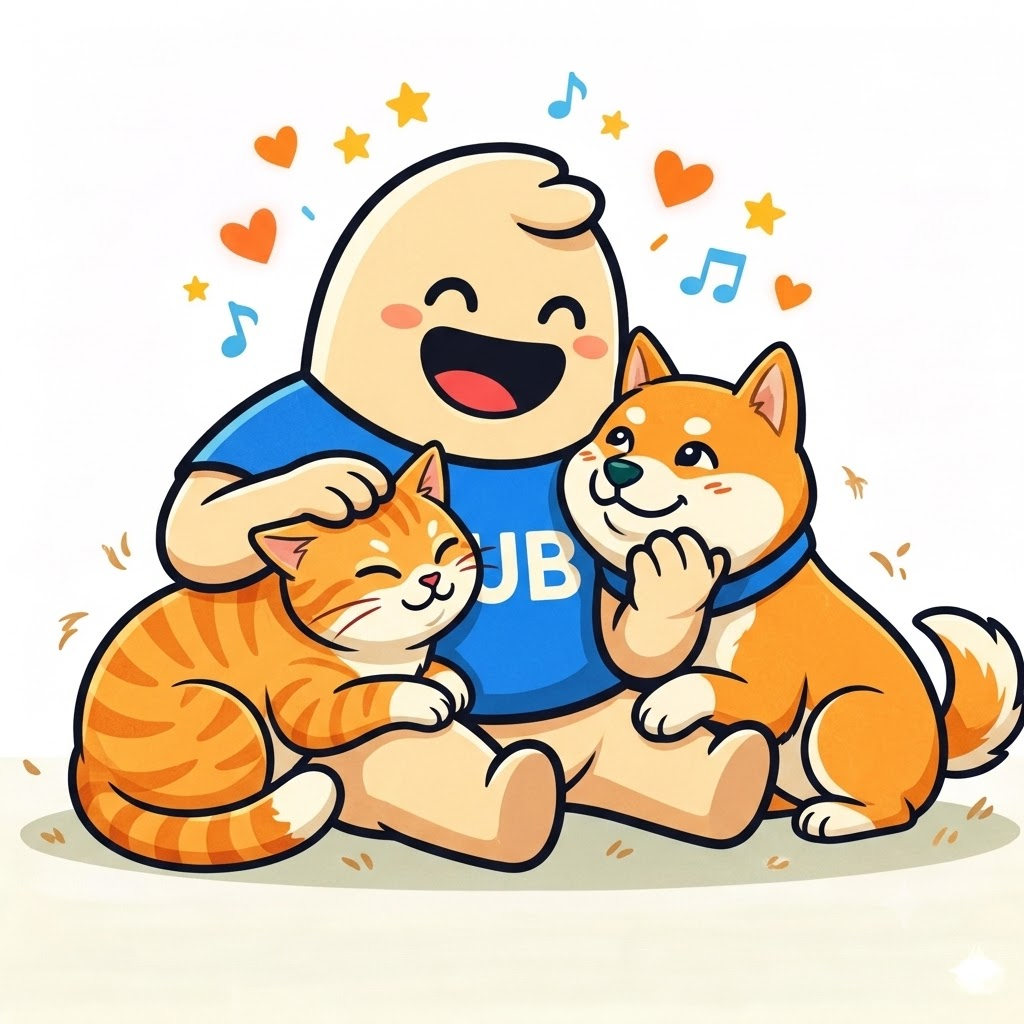 出迎えるスタッフと、なついている猫と犬のイラスト